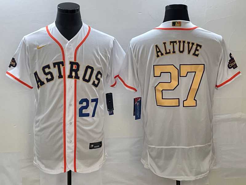 Men%27s Houston Astros #27 Jose Altuve Number 2023 White Gold World Serise Champions Patch Flex Base Stitched Jerseys